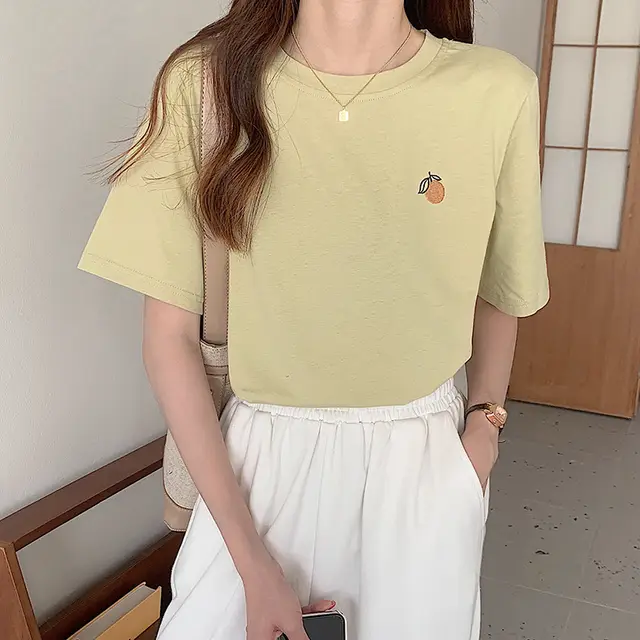 Women's Cotton Orange Embroidered Short sleeved T shirt New Light Green - Shop at LoveMi
