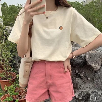 Women's Cotton Orange Embroidered Short sleeved T shirt New Light Yellow - Shop at LoveMi