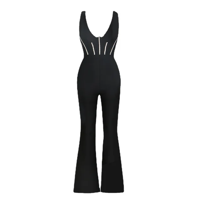 Black Deep V neck Tube Top Backless Diamond Slim Bandage Jumpsuit Black - Shop at LoveMi