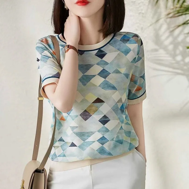 Artificial Silk Loose Slimming Ice Silk Top Printed Chiffon Shirt Fashionable Temperament Short Sleeve T shirt 32 Blue - Shop at LoveMi