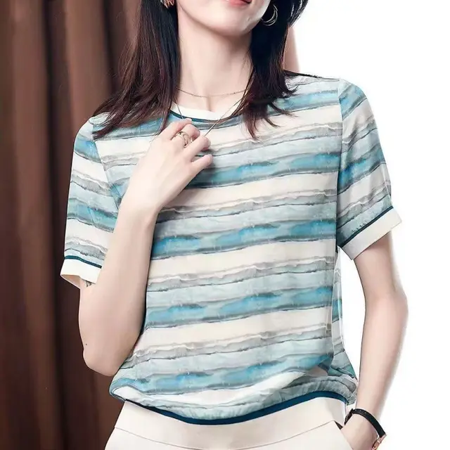 Artificial Silk Loose Slimming Ice Silk Top Printed Chiffon Shirt Fashionable Temperament Short Sleeve T shirt 33 Blue Stripes - Shop at LoveMi