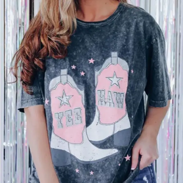 Personality Solid Color Printing Retro Pullover Round Neck Mid length Short Sleeve Women Black 1 - Shop at LoveMi