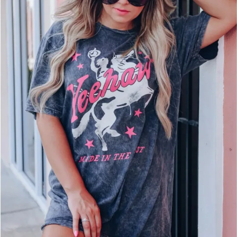 Personality Solid Color Printing Retro Pullover Round Neck Mid length Short Sleeve Women Black 2 - Shop at LoveMi