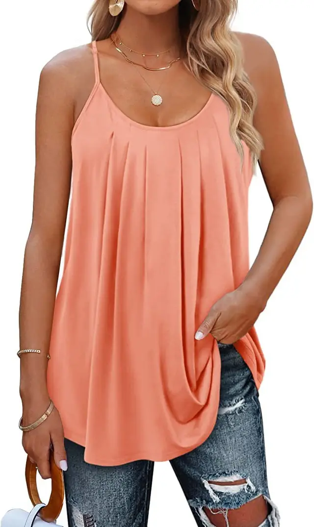 Women's Summer Vest Pleated Spaghetti Strap Tank Top Coral - Shop at LoveMi