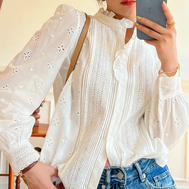 Women's Design Sense French Shirt Solid Color White - Shop at LoveMi