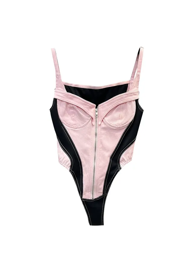 V neck Sleeveless Color Contrast Patchwork Waist Slimming One piece Vest Pink - Shop at LoveMi