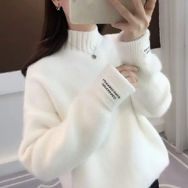 Mock Neck Sweater Women's Knitted Bottoming Shirt White - Shop at LoveMi