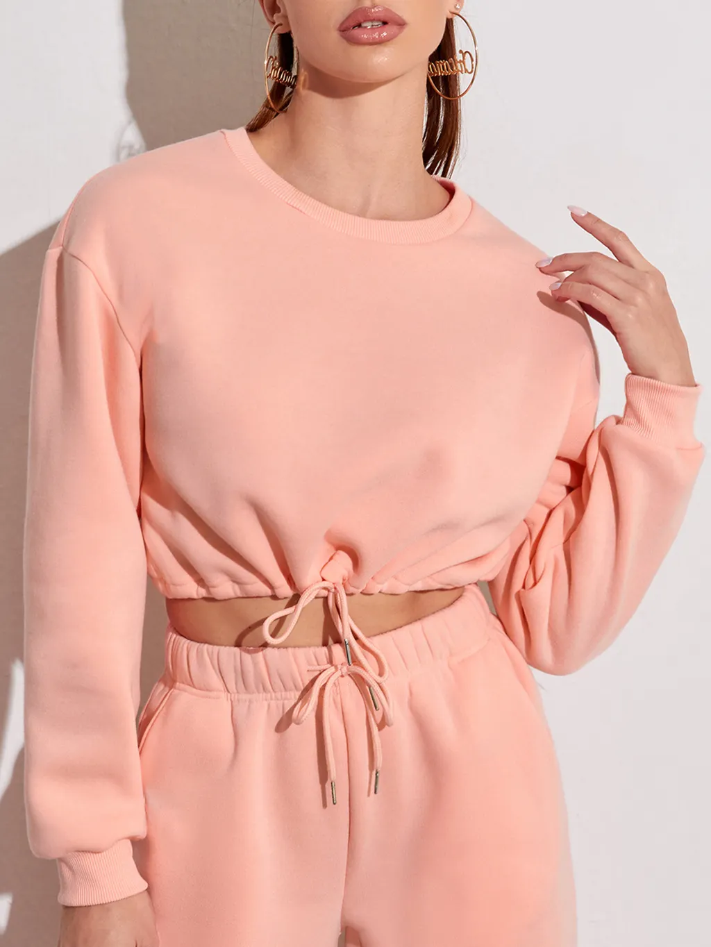 Women's Fashionable Casual Round Neck Waist Sweater - Pink