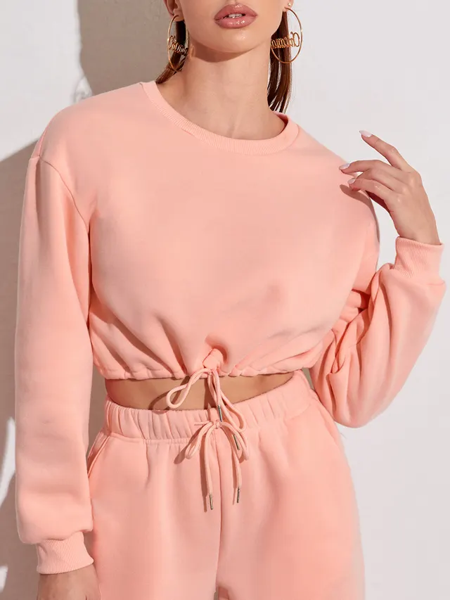 Women's Fashionable Casual Round Neck Waist Sweater Pink - Shop at LoveMi