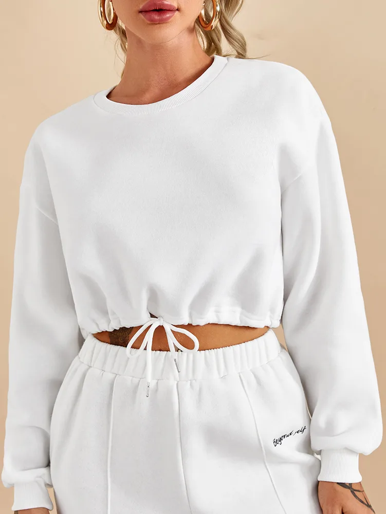 Women's Fashionable Casual Round Neck Waist Sweater White - Shop at LoveMi