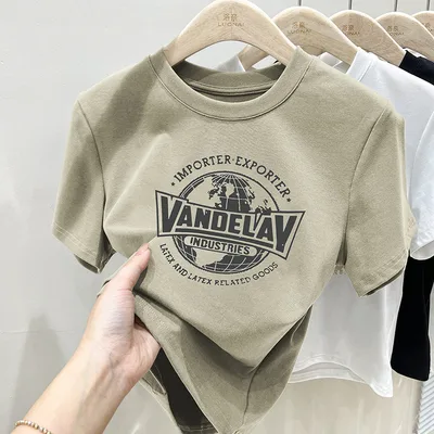 Retro Slim fit Crop top Women's Short sleeved T shirt Khaki - Shop at LoveMi