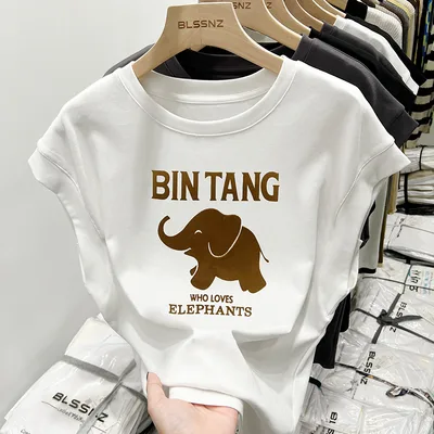 Short sleeved T shirt Women's Loose Cotton Sleeveless Top Elephant White - Shop at LoveMi