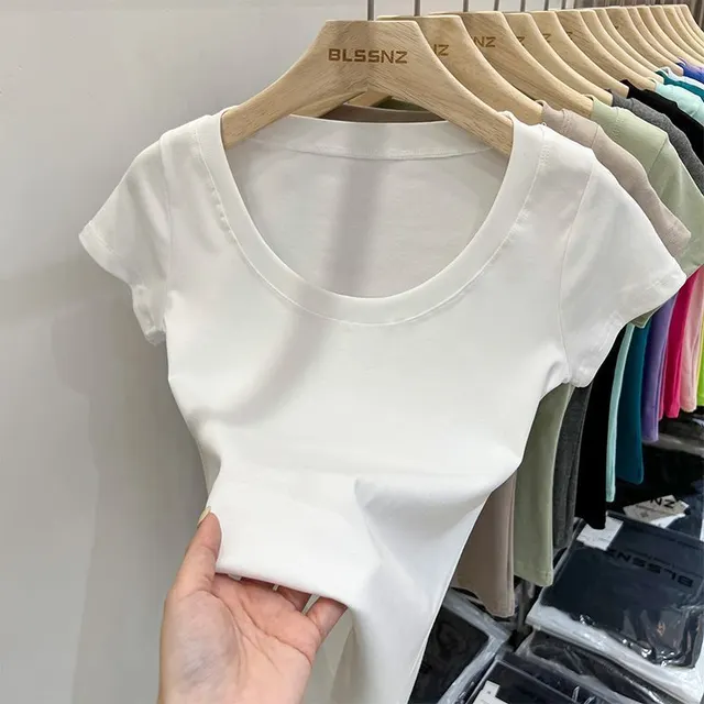Women's Cotton Short sleeved T shirt Sweet And Spicy Collarbone Design Sense Slim fit Crop top White - Shop at LoveMi