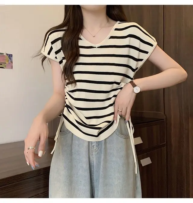 Summer Thin Striped Slim fit All matching Short Top For Women Apricot Stripes - Shop at LoveMi