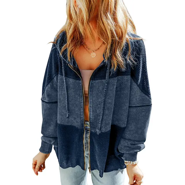 Fall Color blocking Hooded Jacket European And American Retro Washed Drawstring Waffle Long Sleeve Coat Dark Blue - Shop at LoveMi