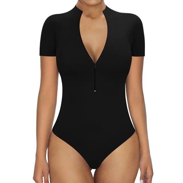 Short Sleeve Zipper Fashion Solid Color Belly Contracting Black - Shop at LoveMi