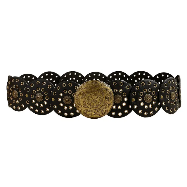 Fashion Punk Exaggerated Round Cutout Personality Belt Ladies Metal Retro Wide Belt Gold Black2.0 - Shop at LoveMi