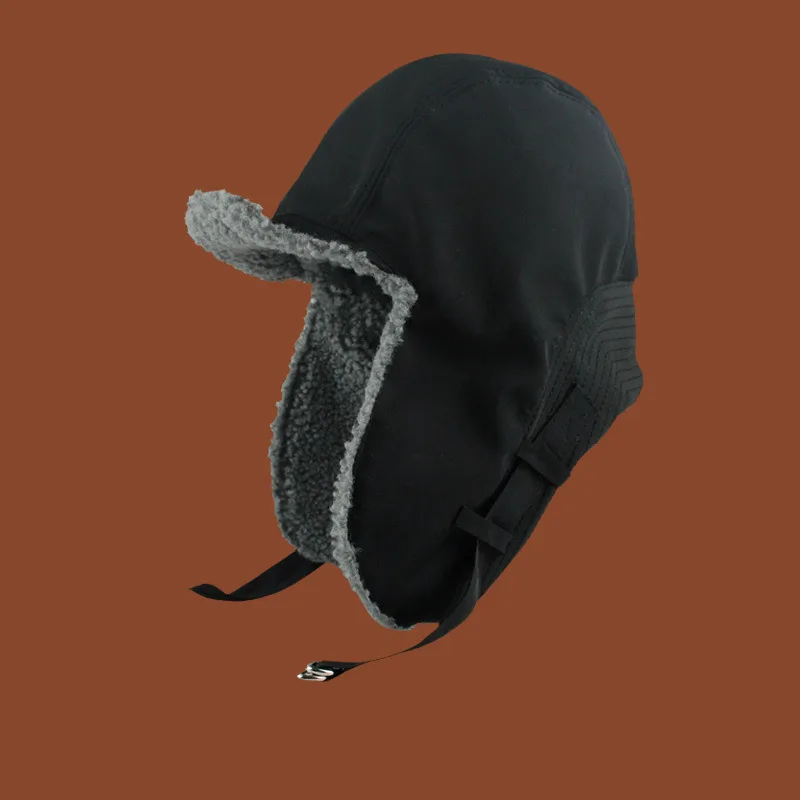 Winter Men's And Women's Fleece-lined Thickened Ski Cap Windproof Warm Outdoor Hat - Black