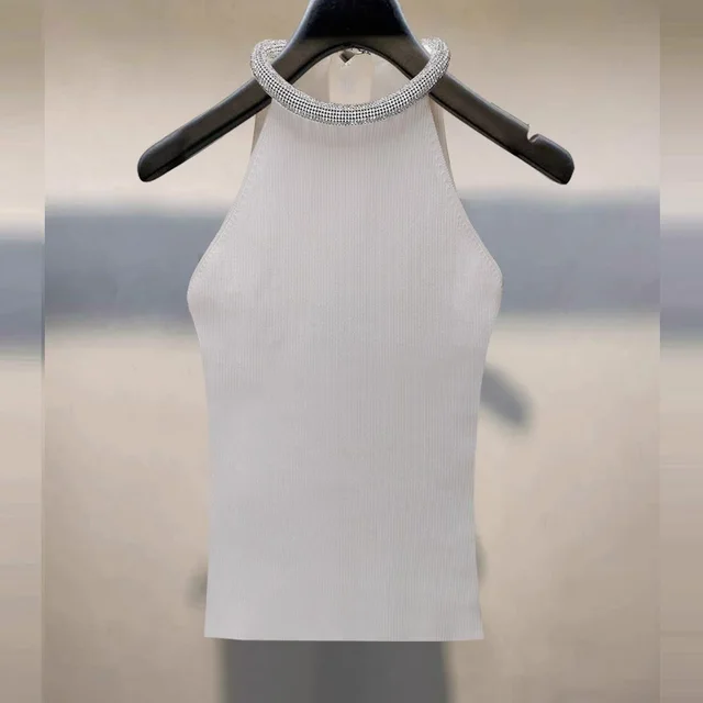 Women's Fashion Sleeveless Slim Round Neck Diamond Halter Spaghetti strap Camisole Top White - Shop at LoveMi