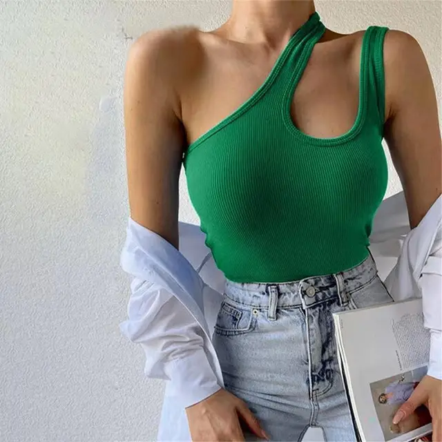 European And American Sunken Stripe Knitted Vest Solid Color Short Oblique Shoulder Irregular Green - Shop at LoveMi
