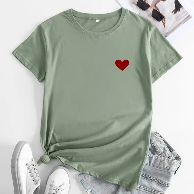 Simple And Comfortable Pure Cotton Love Short Sleeve Women's T shirt Bean Green - Shop at LoveMi