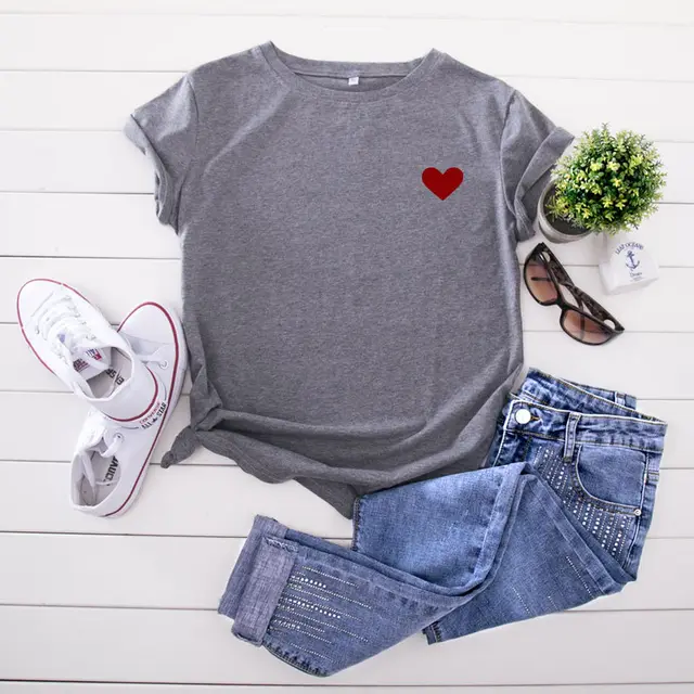 Simple And Comfortable Pure Cotton Love Short Sleeve Women's T shirt Dark Gray - Shop at LoveMi