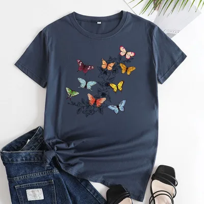 Butterfly Print Love Cotton Short sleeved T shirt For Women Dark Blue - Shop at LoveMi
