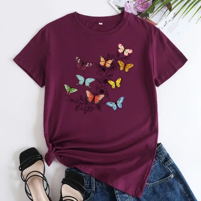 Butterfly Print Love Cotton Short sleeved T shirt For Women Wine Red - Shop at LoveMi