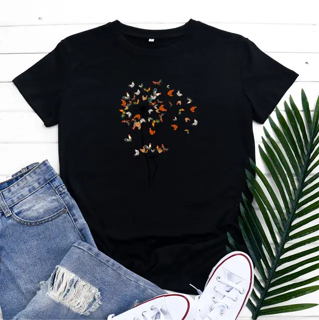 European And American Rooster Dandelion Printed Cotton Short Sleeve Black - Shop at LoveMi