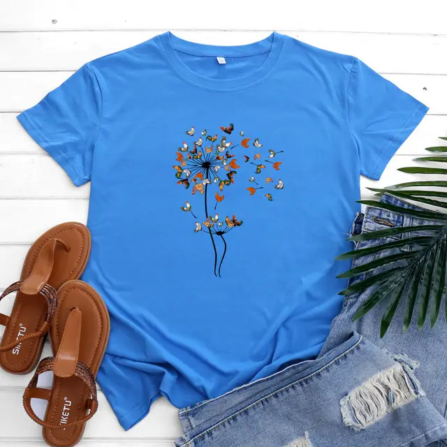 European And American Rooster Dandelion Printed Cotton Short Sleeve Blue - Shop at LoveMi