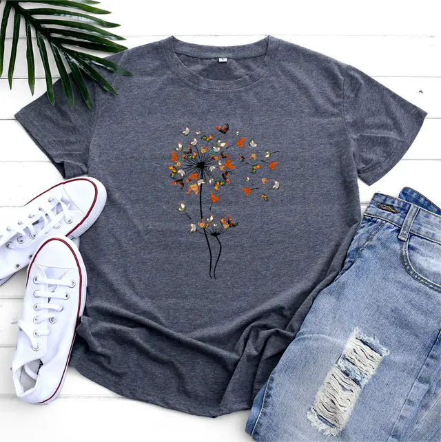 European And American Rooster Dandelion Printed Cotton Short Sleeve Dark Gray - Shop at LoveMi