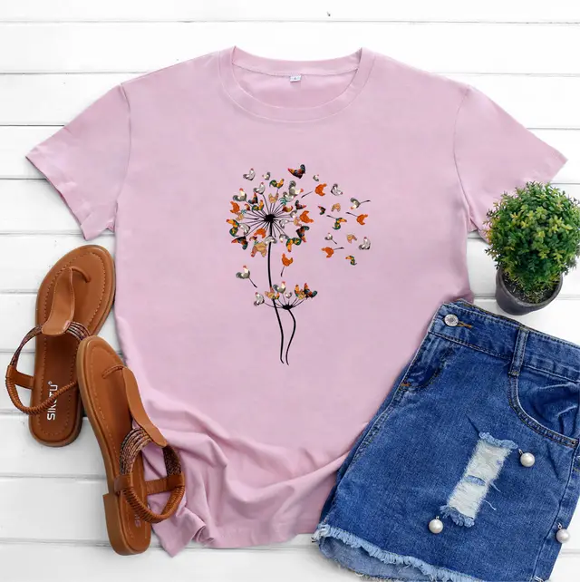 European And American Rooster Dandelion Printed Cotton Short Sleeve Pink - Shop at LoveMi