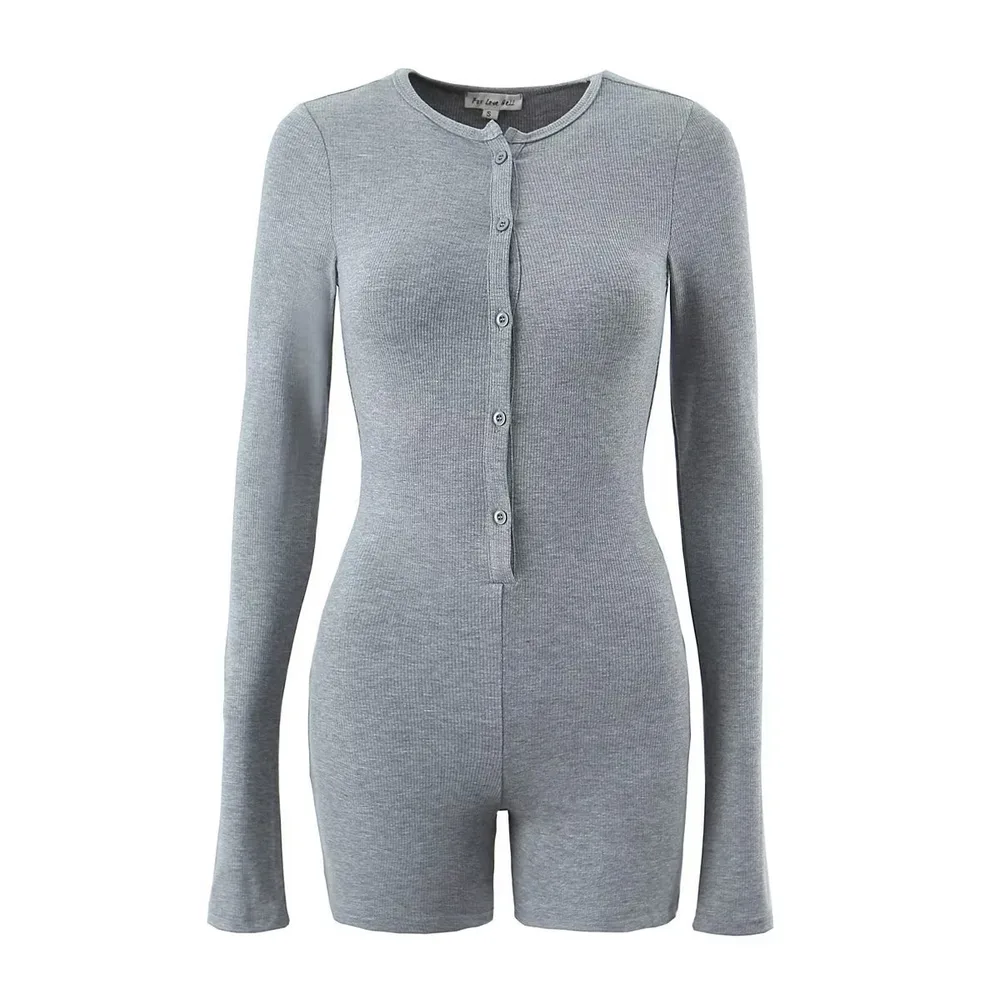 I Round Neck Breasted Jumpsuit Spring New Holiday Slim Elastic Short Gray - Shop at LoveMi