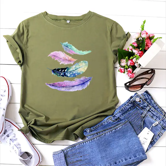 European And American Color Feather Printed Cotton Short sleeved T shirt Army Green - Shop at LoveMi