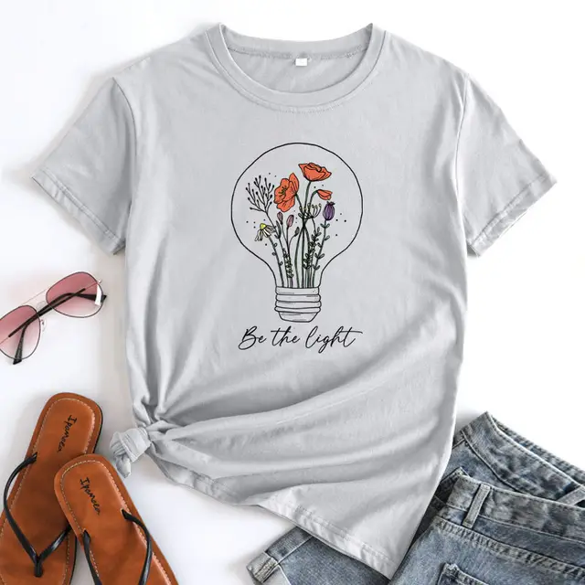 European And American Flower Light Letter Fashion Round Neck Short Sleeves T shirt Light Gray - Shop at LoveMi