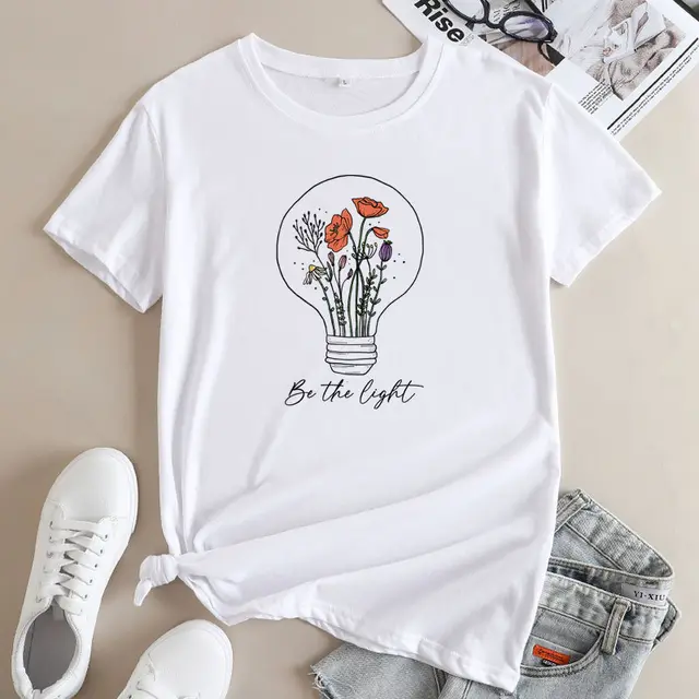 European And American Flower Light Letter Fashion Round Neck Short Sleeves T shirt White - Shop at LoveMi