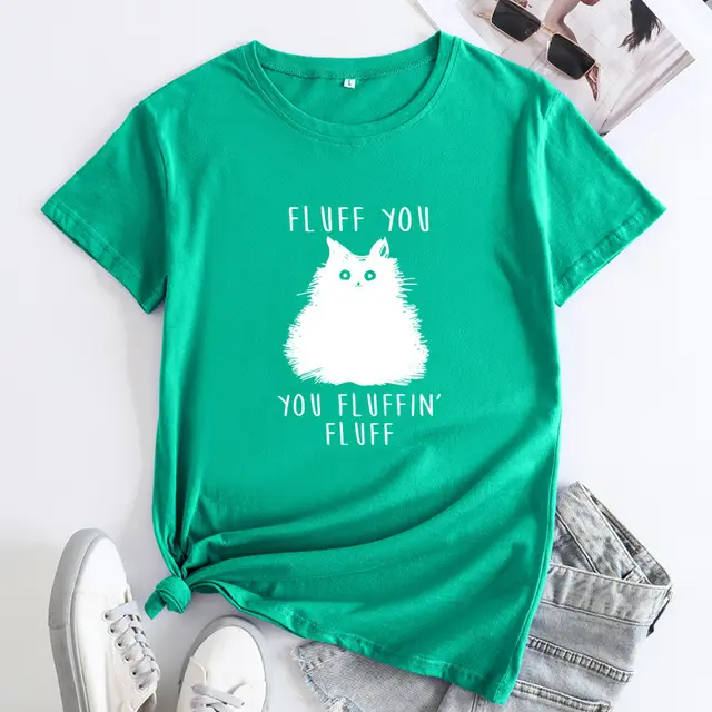 Large Size Cat Letter Printed Cotton Round Neck Short Sleeve T shirt For Women Dark Green - Shop at LoveMi