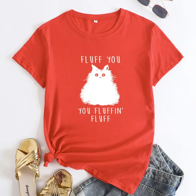 Large Size Cat Letter Printed Cotton Round Neck Short Sleeve T shirt For Women Orange - Shop at LoveMi
