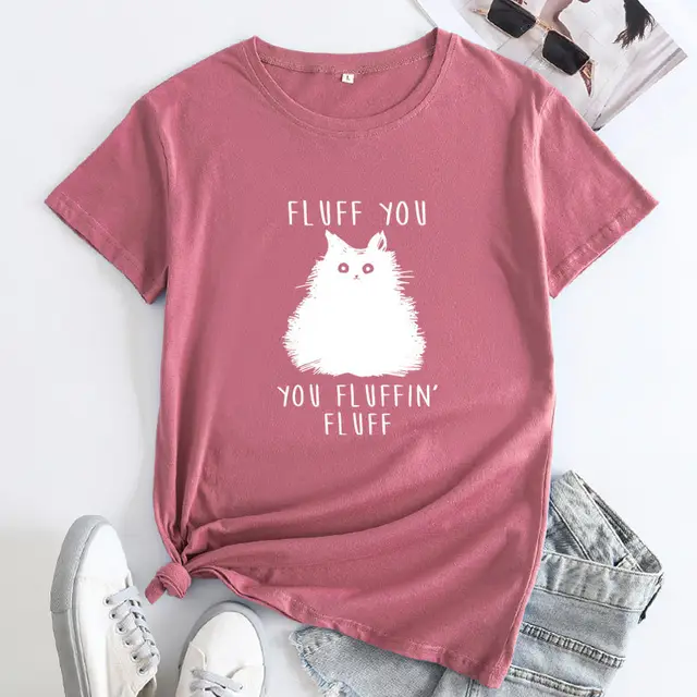 Large Size Cat Letter Printed Cotton Round Neck Short Sleeve T shirt For Women Rose Red - Shop at LoveMi