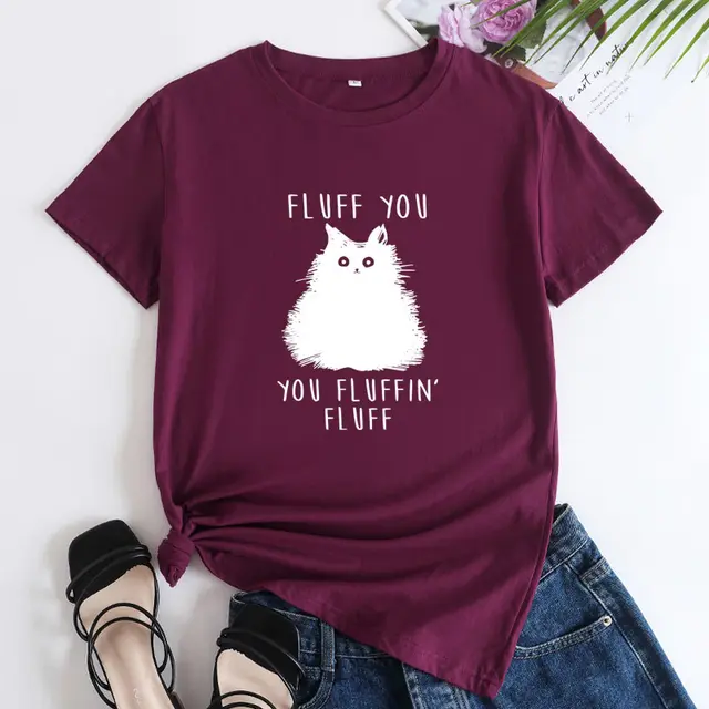 Large Size Cat Letter Printed Cotton Round Neck Short Sleeve T shirt For Women Wine Red - Shop at LoveMi