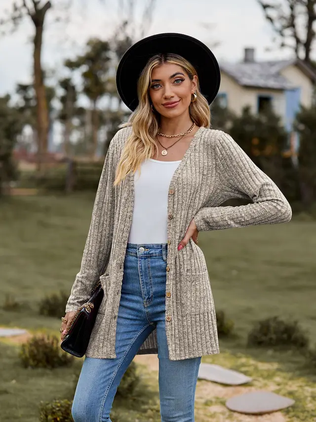 New Women's Brushed Sunken Stripe Solid Color Long Sleeve Women's Overcoat Khaki - Shop at LoveMi