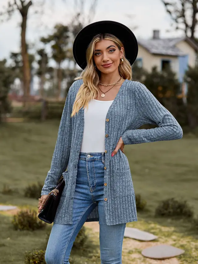 New Women's Brushed Sunken Stripe Solid Color Long Sleeve Women's Overcoat Light Blue - Shop at LoveMi