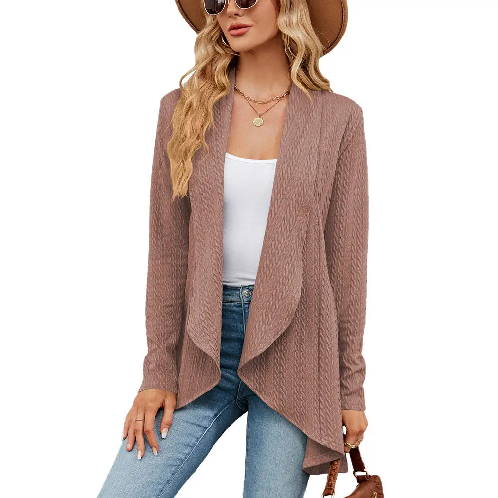 Women's Fashion Long Sleeve Solid Color Loose Cardigan Top - Pink Color - View 1