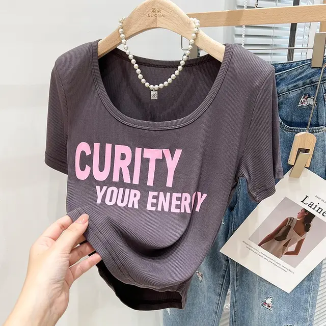 Short sleeved T shirt Women's Western Style Retro Print V neck Square Collar Ash - Shop at LoveMi