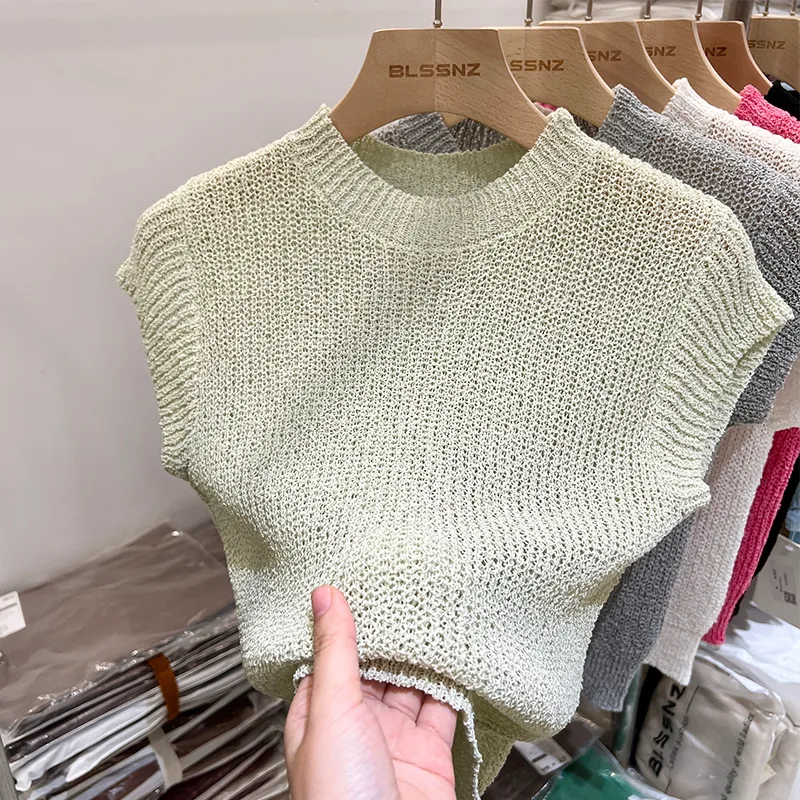 Women's Ice Silk Hollow Chic Short Sleeve Knitwear Khaki - Shop at LoveMi