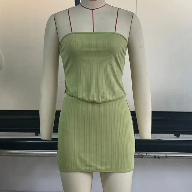 Knitted Irregular Tube Top Package Hip Skirt Outfit Green - Shop at LoveMi