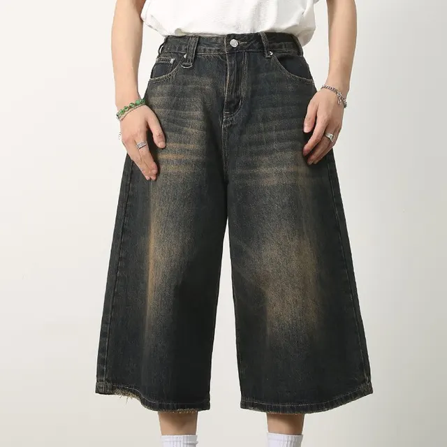 All matching Loose Wide Leg Straight Cropped Pants Distressed Blue - Shop at LoveMi