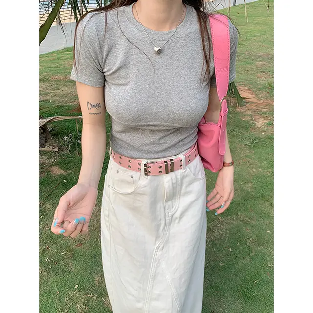 Summer Skinny Slimming Design Sense Niche Fishbone Top Grey - Shop at LoveMi