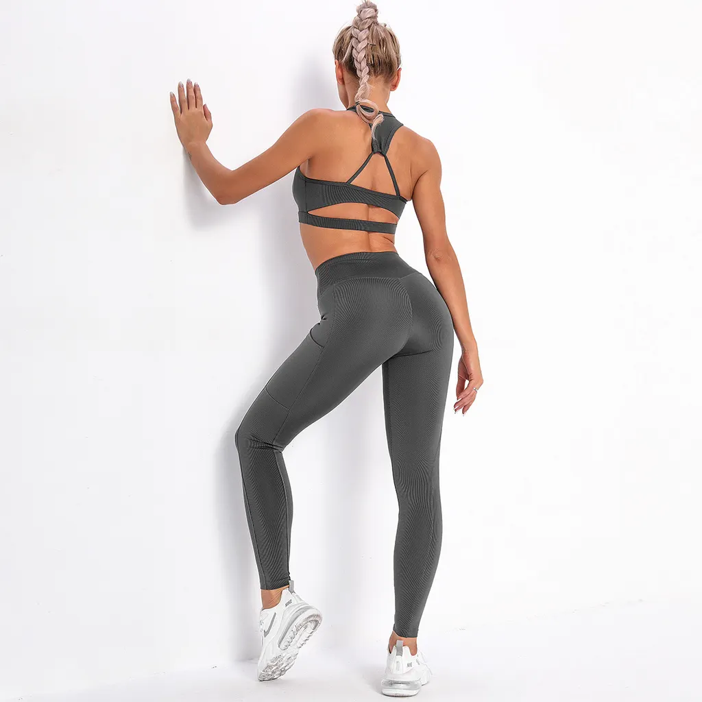 Women's Clothing Beauty Back Top Bra Sports Running Fitness Yoga Striped Pocket Suit - Carbon Grey