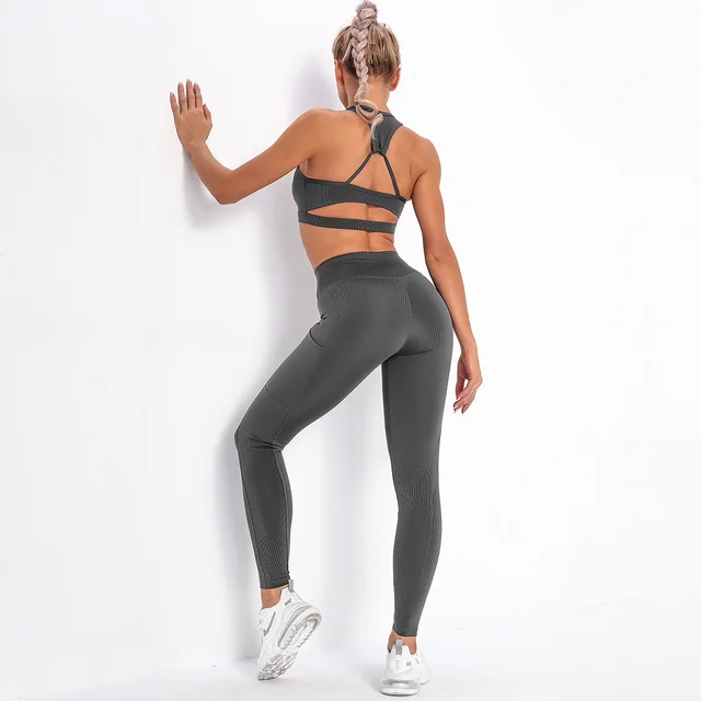 Women's Clothing Beauty Back Top Bra Sports Running Fitness Yoga Striped Pocket Suit Carbon Gray - Shop at LoveMi